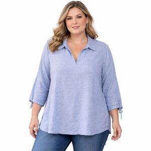 Isaac Mizrahi New York Tunic Blouse Womens XL Blue Linen Collared Long Sleeve